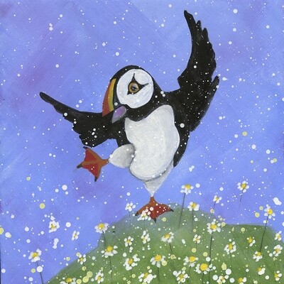 Puffin Dancing with the Daisies Canvas Print