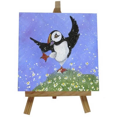 Puffin Dancing with the Daisies Ceramic tile with easel