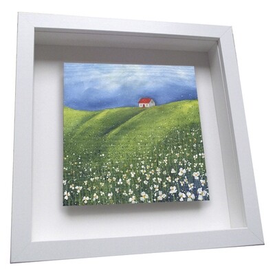 Cottage in the Daisies Framed Ceramic Tile