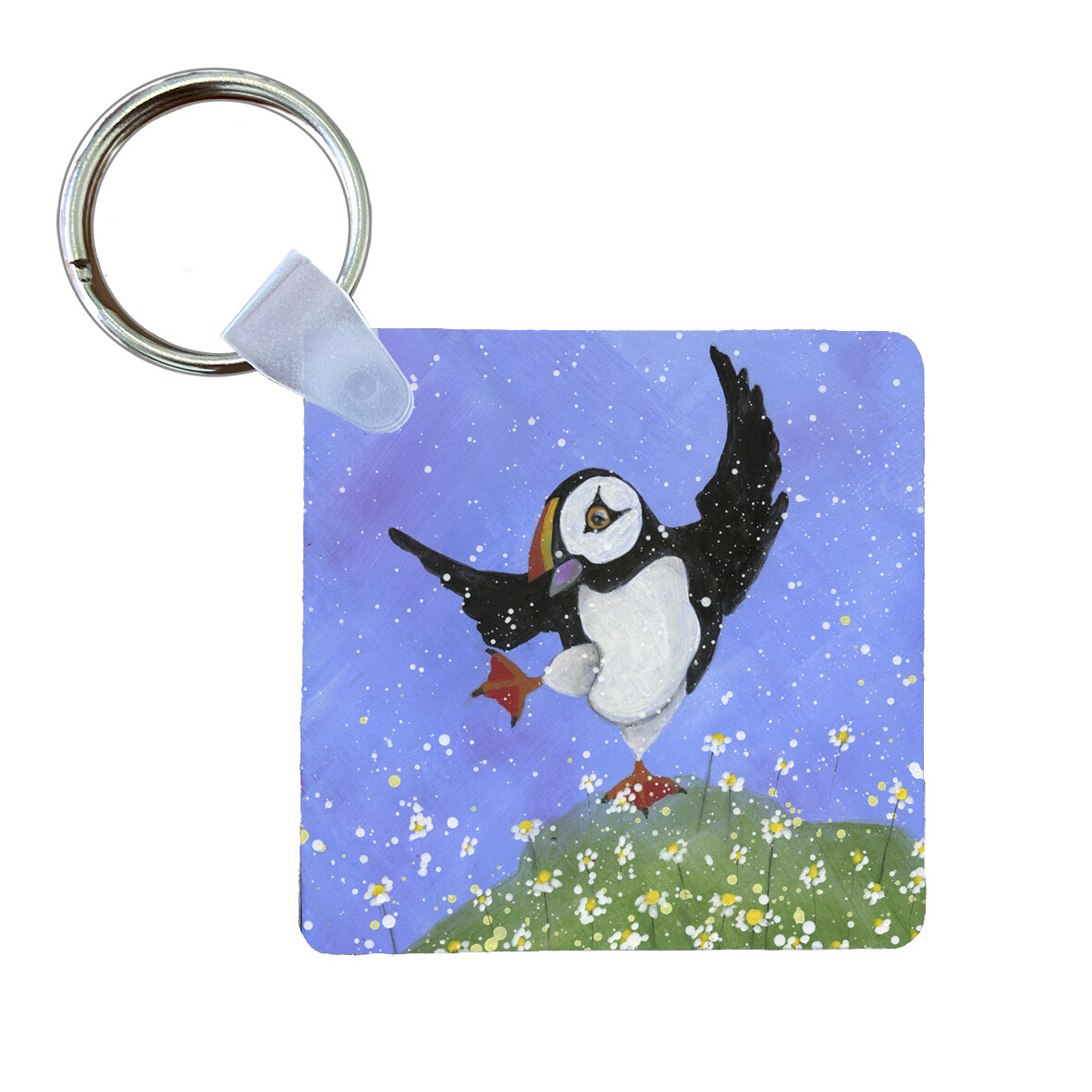 Puffin Dancing with the Daisies Art Keyring