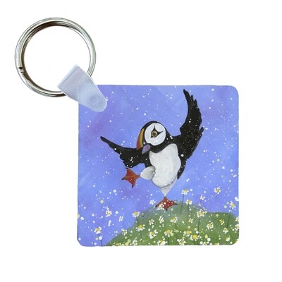 Puffin Dancing with the Daisies Art Keyring