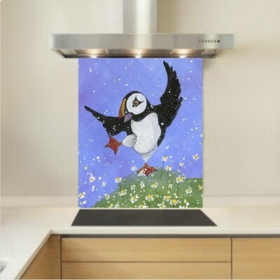 Art - Glass Kitchen Splashback - Puffin Dancing with the Daisies