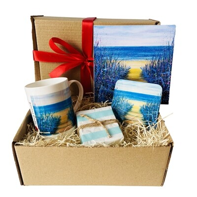 Gift box - Beach Scene - Bone China Cup, Coaster, Greetings Card and Soap