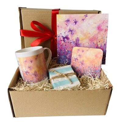 Gift box - Butterflies - Bone China Cup, Coaster, Greetings Card and Soap