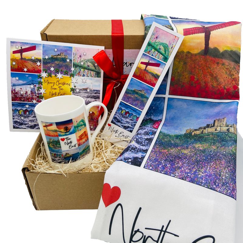 North East Gift box - Tea Towel, Bone China Cup, Bookmark and Greetings Card.