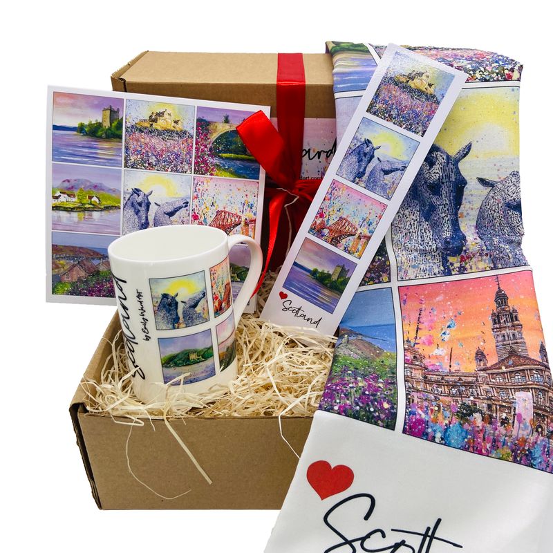 Scotland  Gift box - Tea Towel, Bone China Cup, Bookmark and Greetings Card.