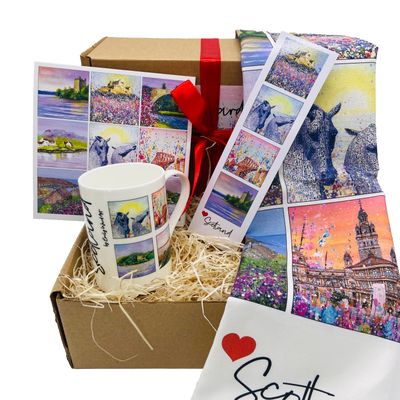 Scotland  Gift box - Tea Towel, Bone China Cup, Bookmark and Greetings Card.