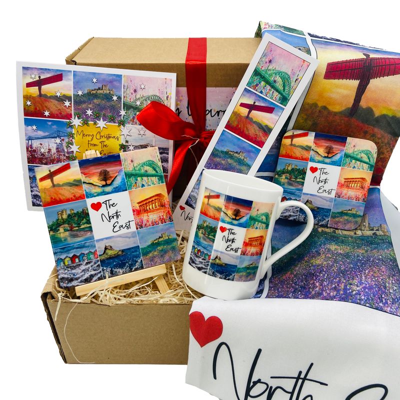 Deluxe North East Art Gift box - includes Ceramic Tile with Easel, Tea Towel, Bone China Cup, Coaster, Bookmark and Greetings Card