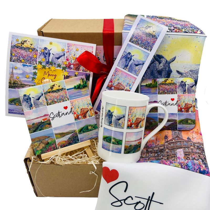 Deluxe Scotland Art Gift box - includes Ceramic Tile with Easel, Tea Towel, Bone China Cup, Coaster, Bookmark and Greetings Card