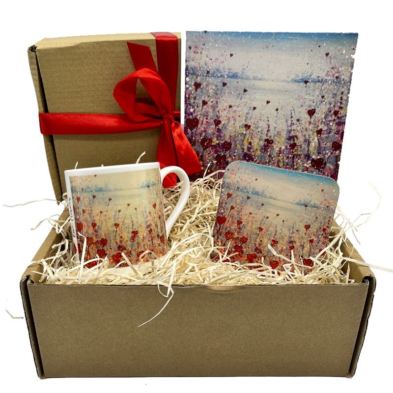 Love Flowers in a Gift box - Bone China Cup, Coaster and Greetings Card.