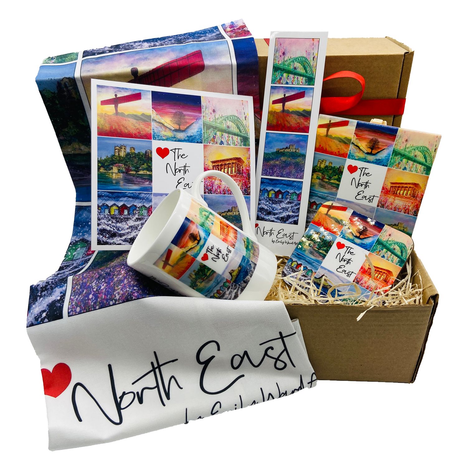 Deluxe North East  Art Gift box - includes Ceramic Tile with Easel, Tea Towel, Bone China Cup, Coaster, Bookmark and Greetings Card