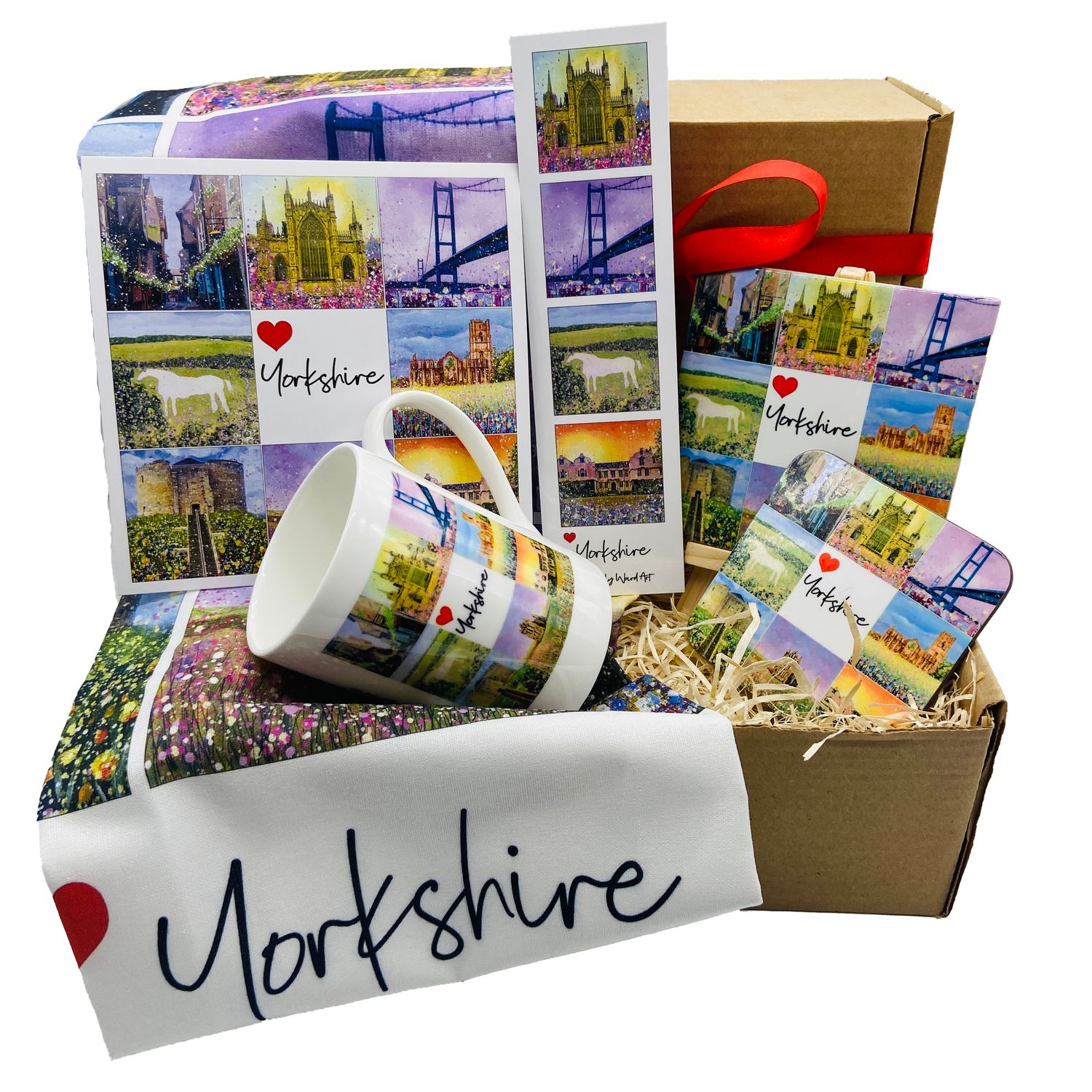 Deluxe Yorkshire Art Gift box - includes Ceramic Tile with Easel, Tea Towel, Bone China Cup, Coaster, Bookmark and Greetings Card