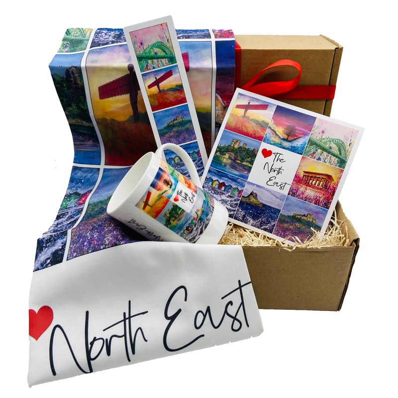North East Gift box - Tea Towel, Bone China Cup, Bookmark and Greetings Card.