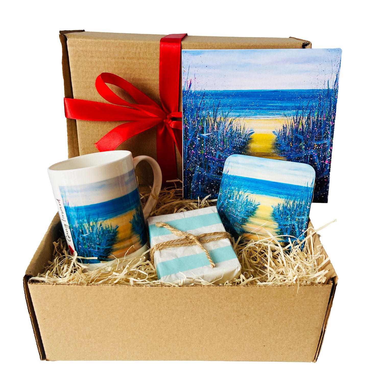 Gift box - Beach Scene - Bone China Cup, Coaster, Greetings Card and Soap