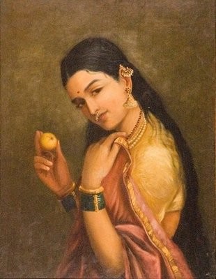 Lady Holding Fruit - Raja Ravi Varma Art Copy Picture Print with Frame
