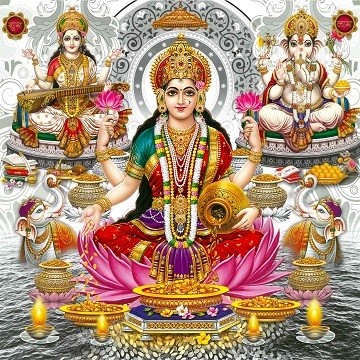 Goddess Laxmi, Saraswati & Lord Ganesh Picture Print with Frame
