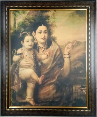 Lord Sri Krishna and Yashoda Picture (Raja Ravi Varma Art Copy Printed) with Frame