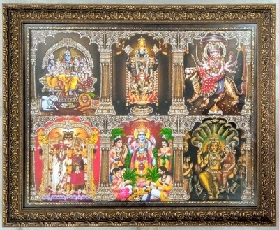 Six-in-One Hindu God images with rich stone work - Photo Frame