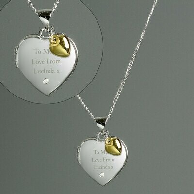 Personalised Sterling Silver Heart Locket Necklace with Diamond and Gold Plated Heart
