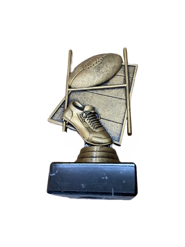 Rugby ball, posts and ball award on a  black marble base