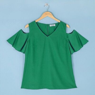 Green V neck Top With Off The Shoulder Sleeves