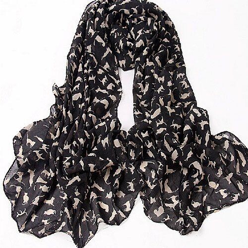 LADIE'S CAT DESIGN CHIFFON BLACK SCARF
