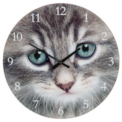 GREY KITTEN WITH BLUE EYES SMALL GLASS WALL OR MANTLE CLOCK