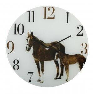 CHESTNUT HORSE AND FOAL GLASS WALL CLOCK