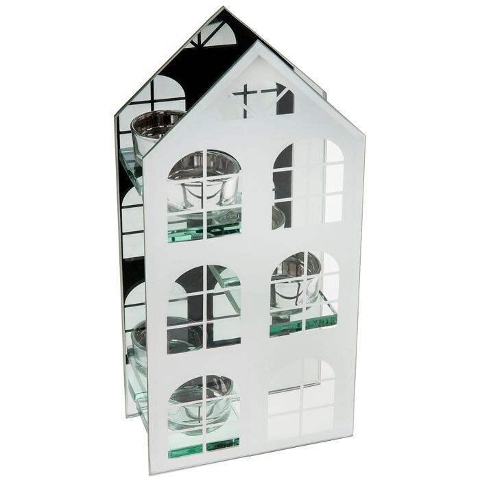 SILVER MIRRORED GLASS TRIPLE TEA LIGHT HOUSE DESIGN ORNAMENT