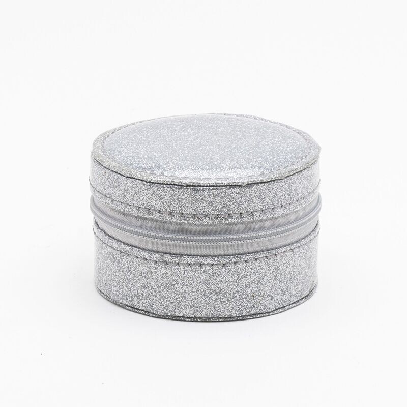 Round Leatherette Silver Glitter Jewellery Box