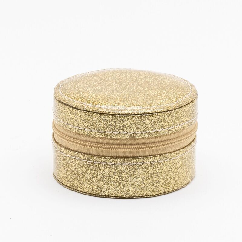 Round Leatherette Gold Glitter Jewellery Box
