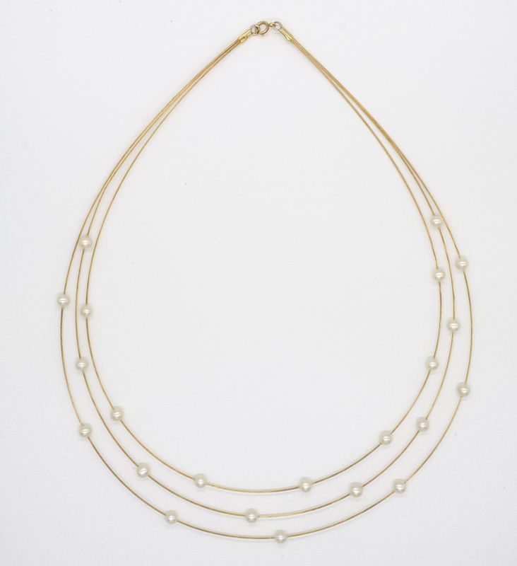 Freshwater Cultured Pearls 3 Strand 9ct Yellow Gold Cable Necklet