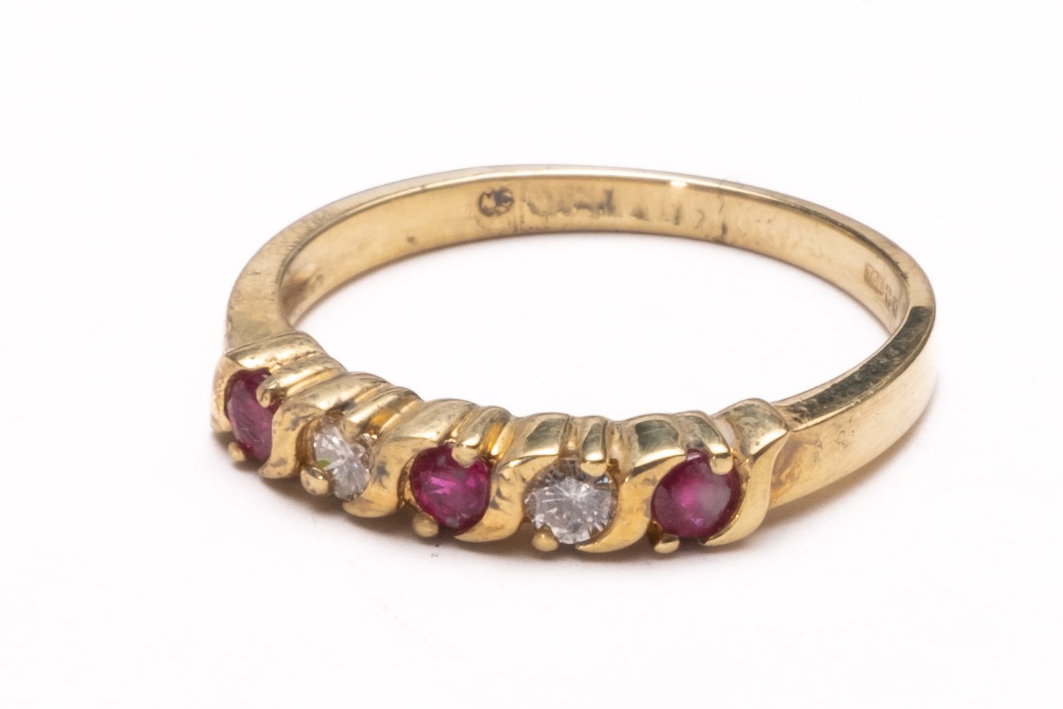 3 ruby & 2 diamond half Eternity 18ct yellow gold ring