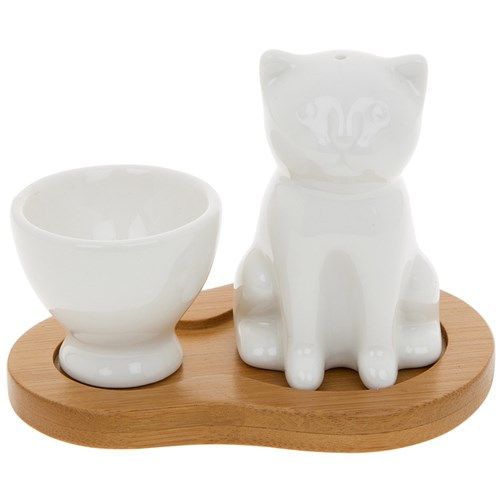 Cat Salt Pot & Egg Cup on Bamboo Base