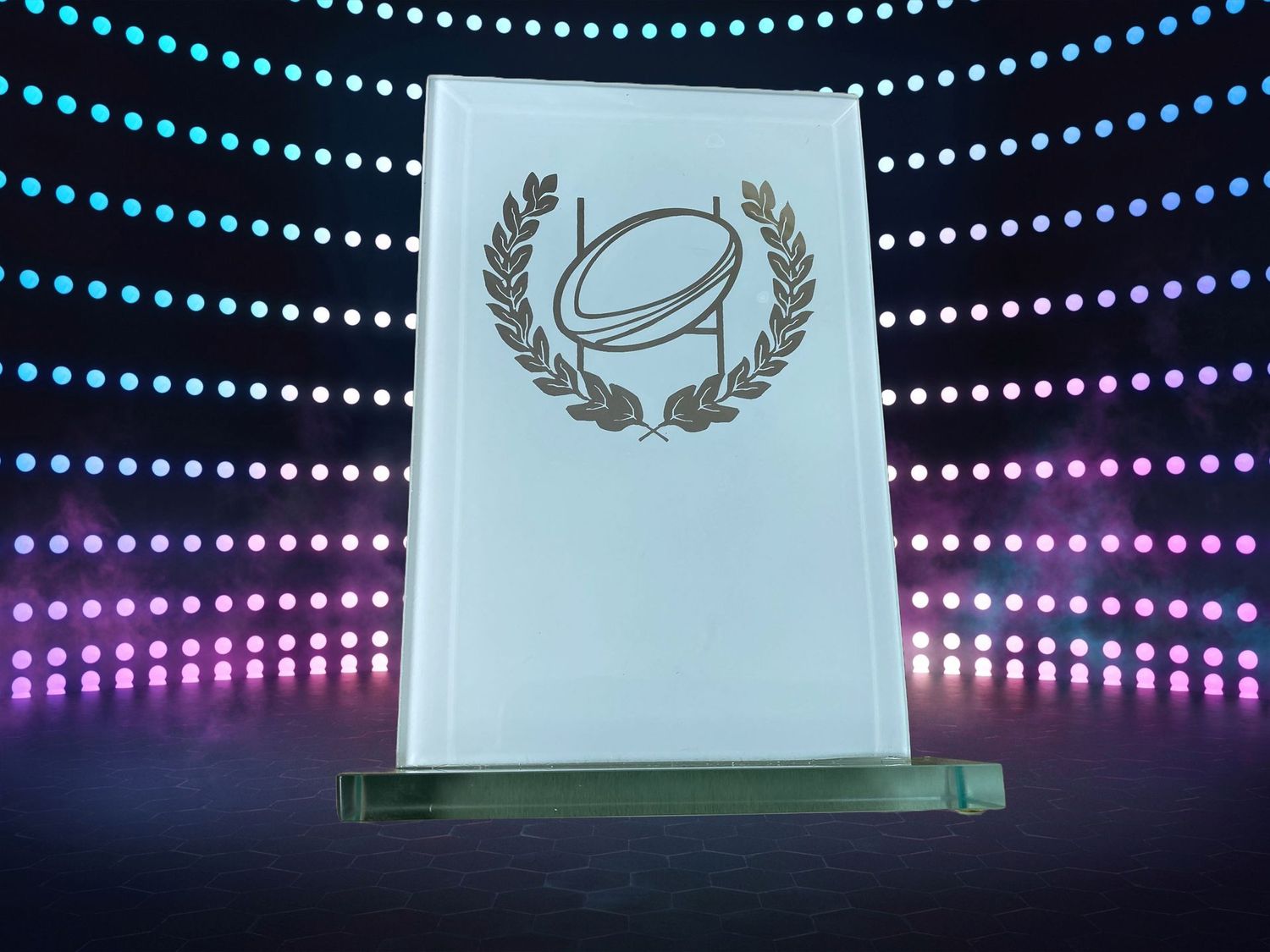 Rugby ball and posts design glass award