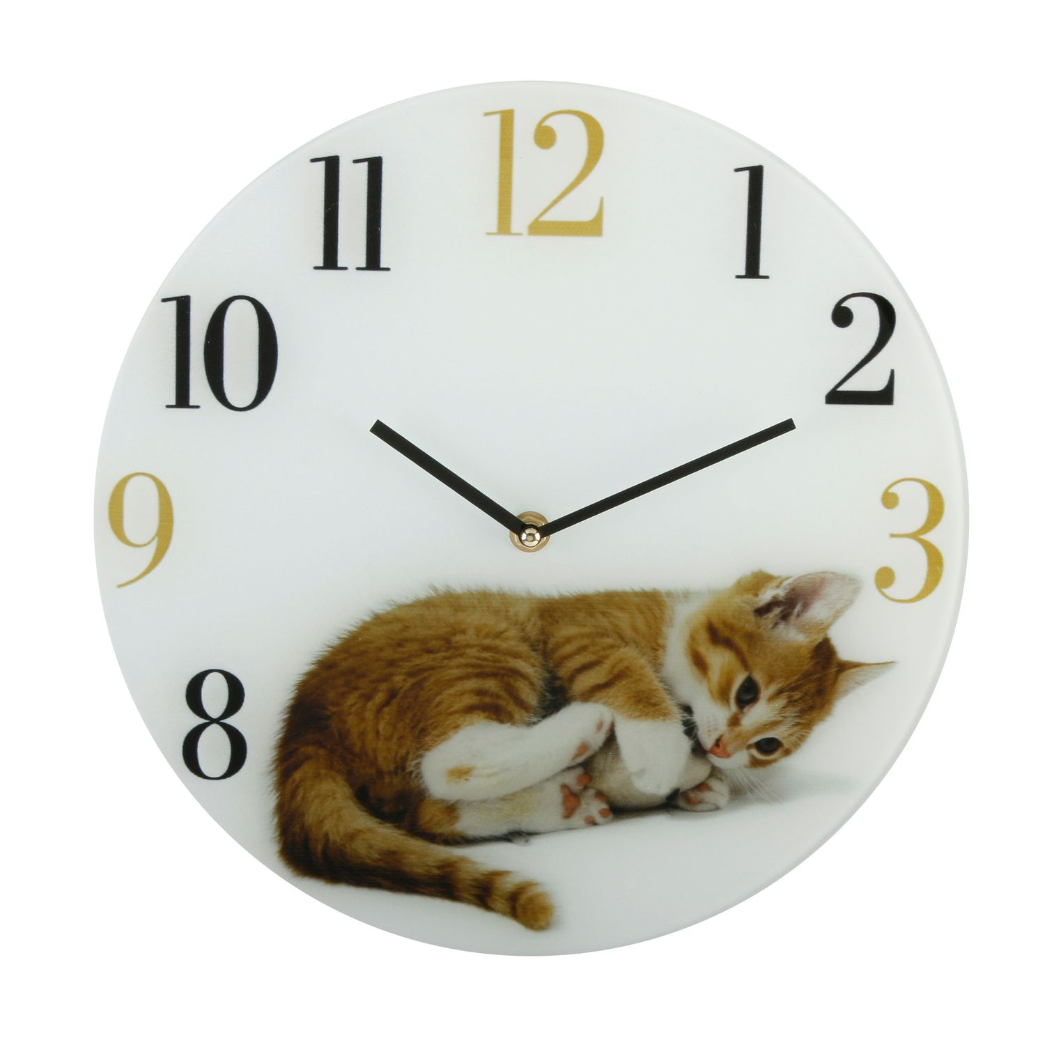 Ginger and white cat decorative glass quartz wall clock
