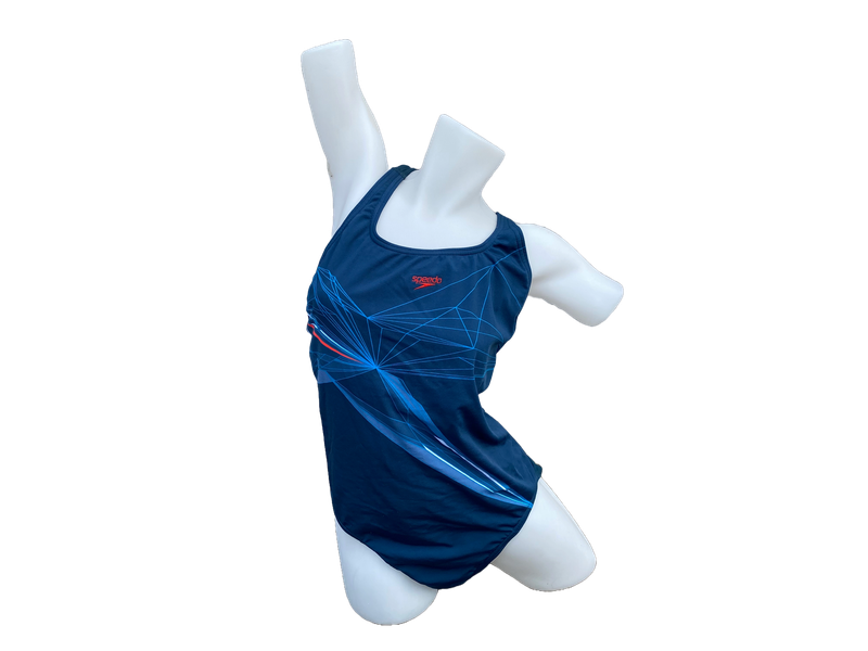 Speedo Endurance Navy Blue with Sky Blue, Red & White geometric pattern Ladies Swimming Costume Speedo Endurance Navy Blue with Sky Blue, Red & White geometric pattern Ladies Swimming Costume