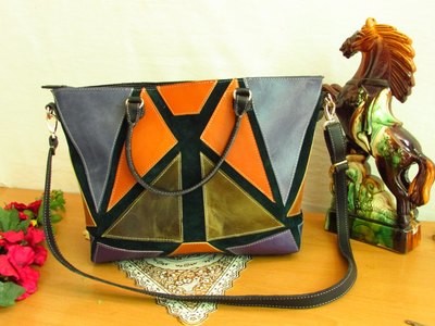 Colourful Leather Tote with Green Suede Base