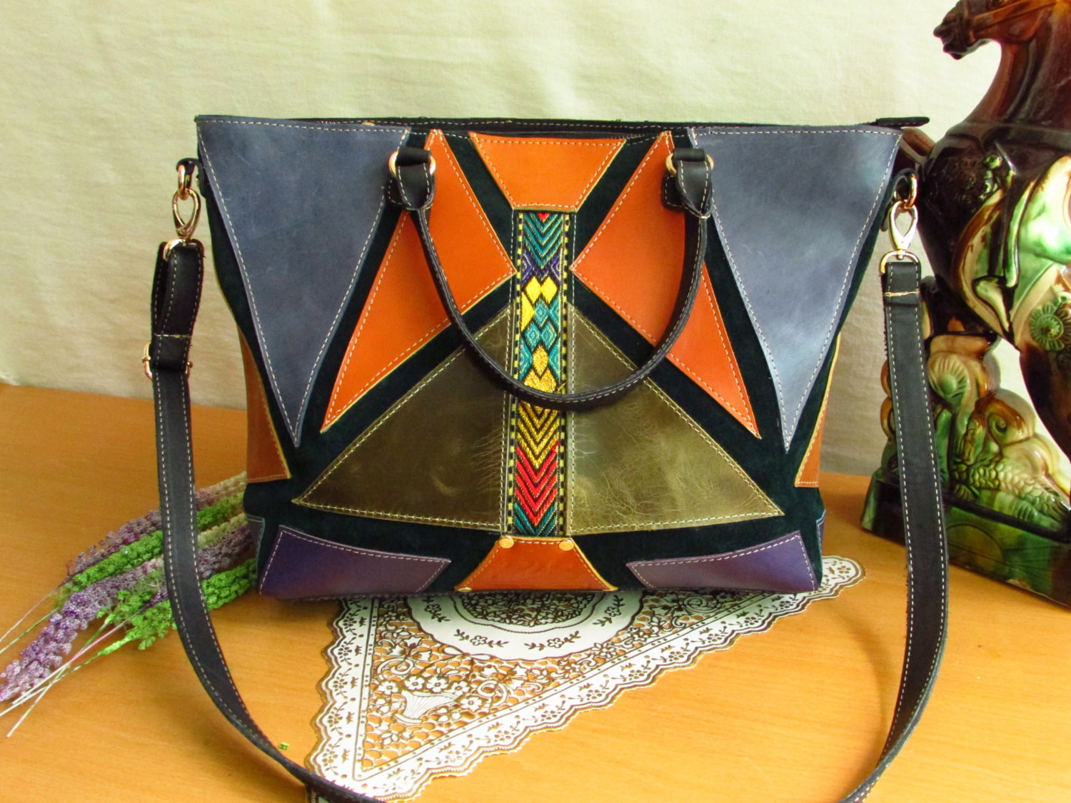 Colourful Leather Tote with Green Suede Base