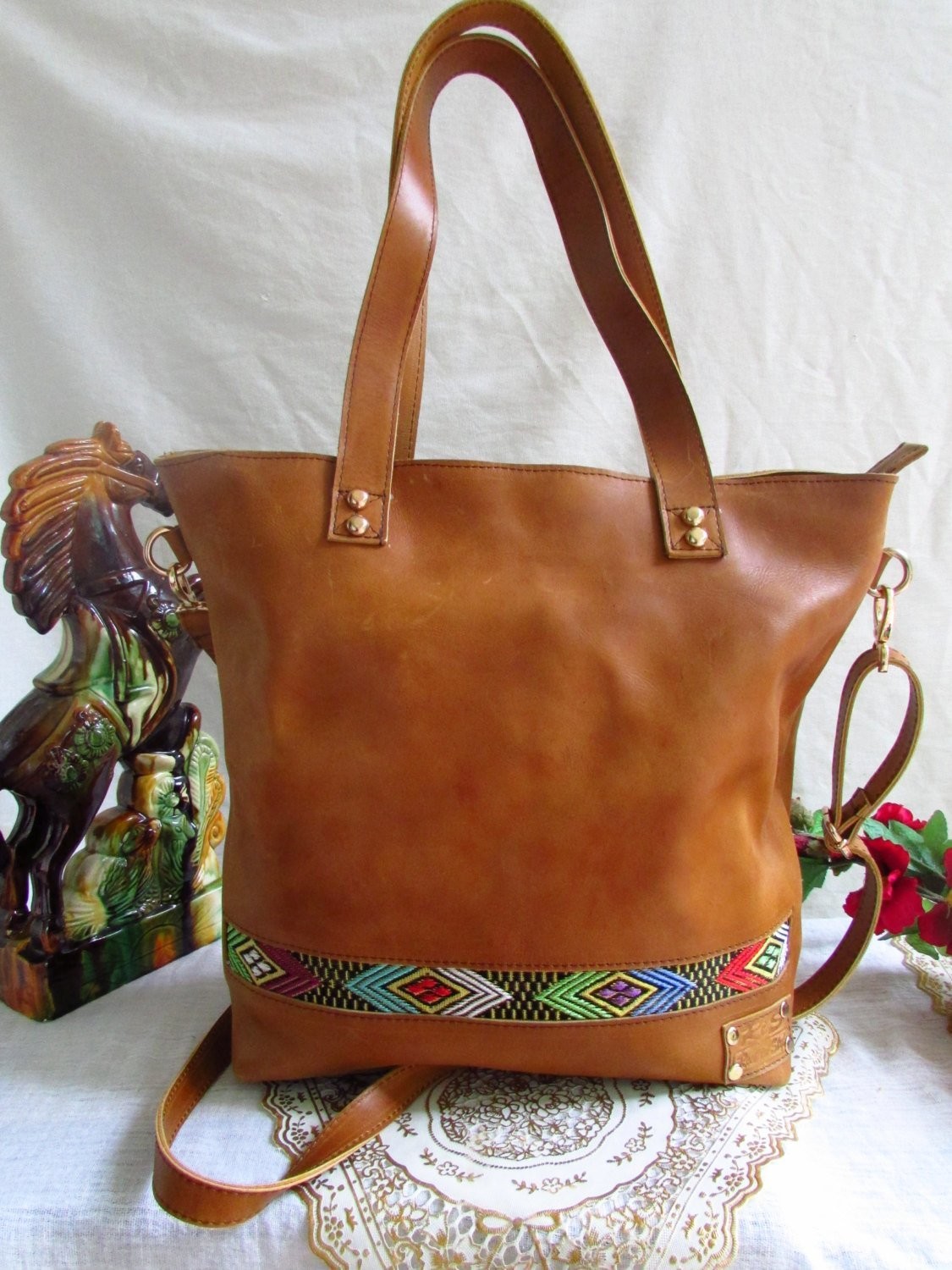 Brown leather handbag for women