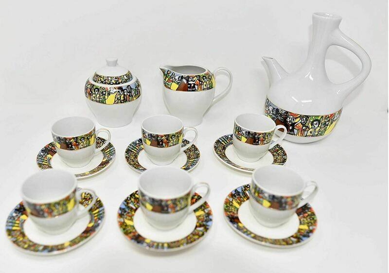 Ethiopian Coffee Set Tilet and Saba Design የቡና ማቅረቢያ ጀበና እና ሲኒ ከረከቦት ጋር ጥለት ወይም ሳባ ዲዛይን