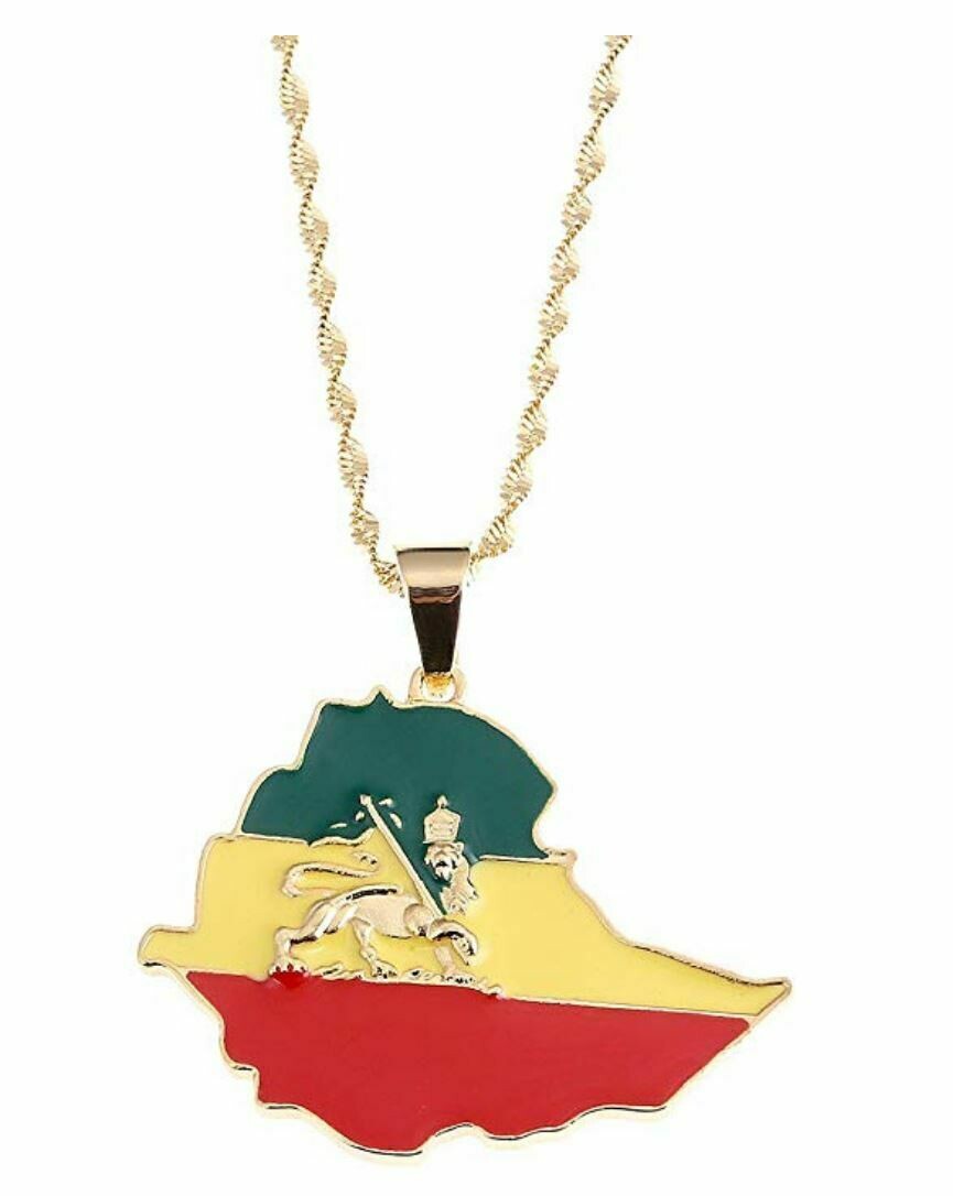 Ethiopian map and flag necklace gold plated የኢትዮጵያ ካርታ እና ባንዲራ ያለው የወርቅ ቅብ የአንገት ሀበል