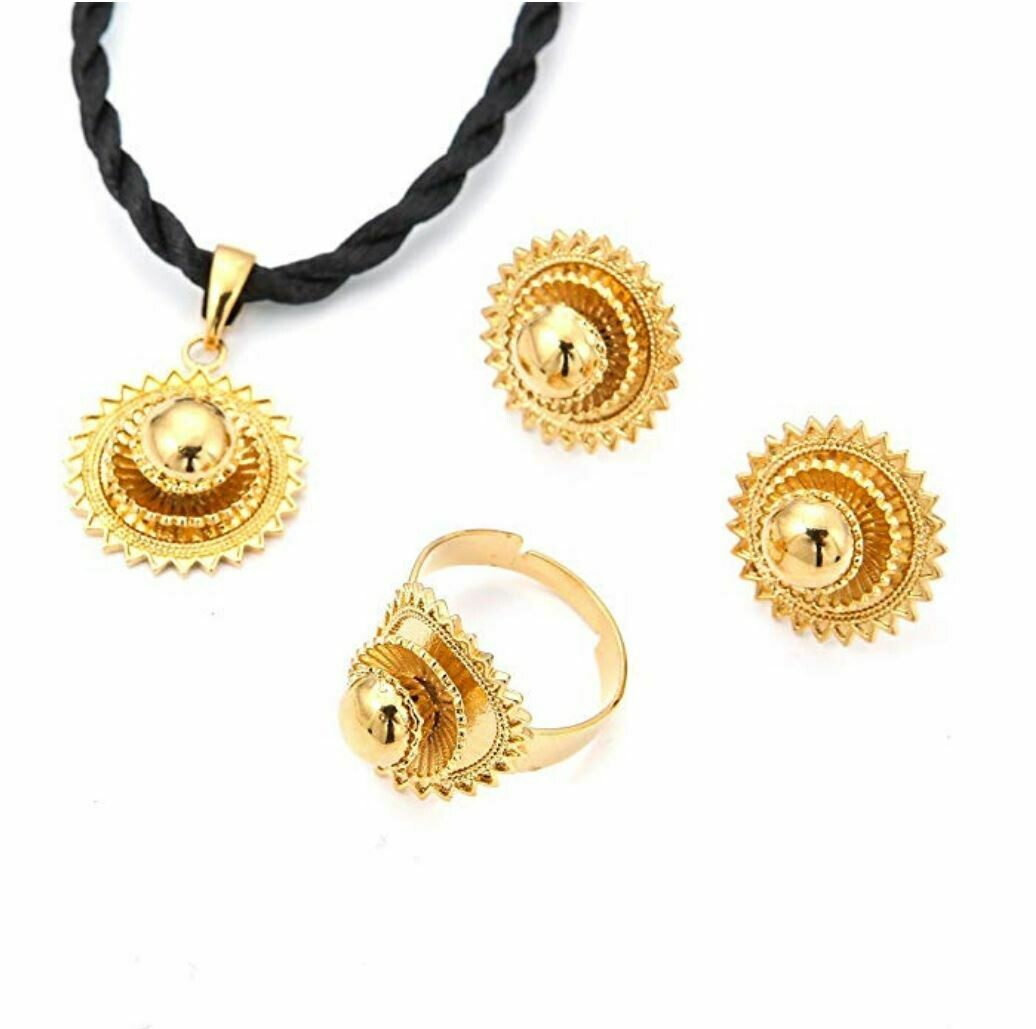 የጆሮ፣ አንገት እና ቀለበት ወርቅ ቅብ አበባ Ethiopian necklace, earrings and ring set Flower