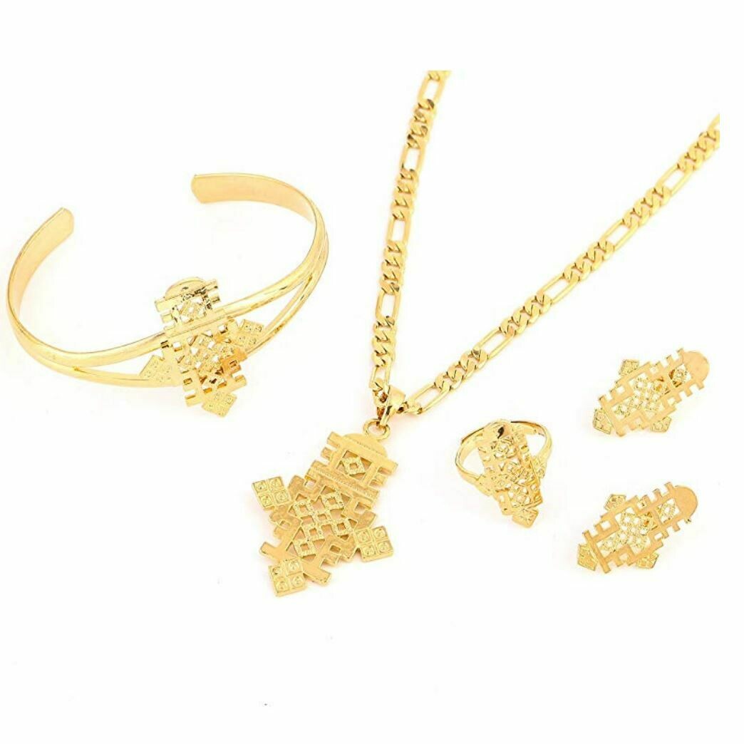 የጆሮ፣ አንገት እና ቀለበት ወርቅ ቅብ መስቀል Ethiopian necklace, earrings and ring set cross