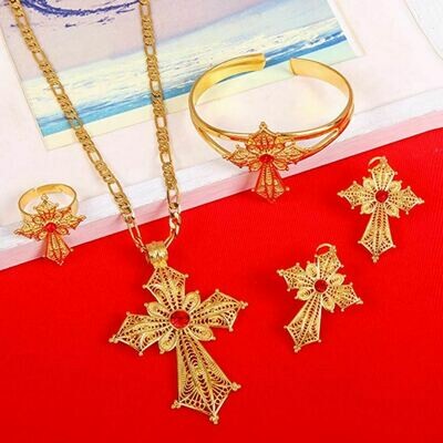 የጆሮ፣ አንገት እና ቀለበት ወርቅ ቅብ መስቀል Ethiopian necklace, earrings and ring set cross