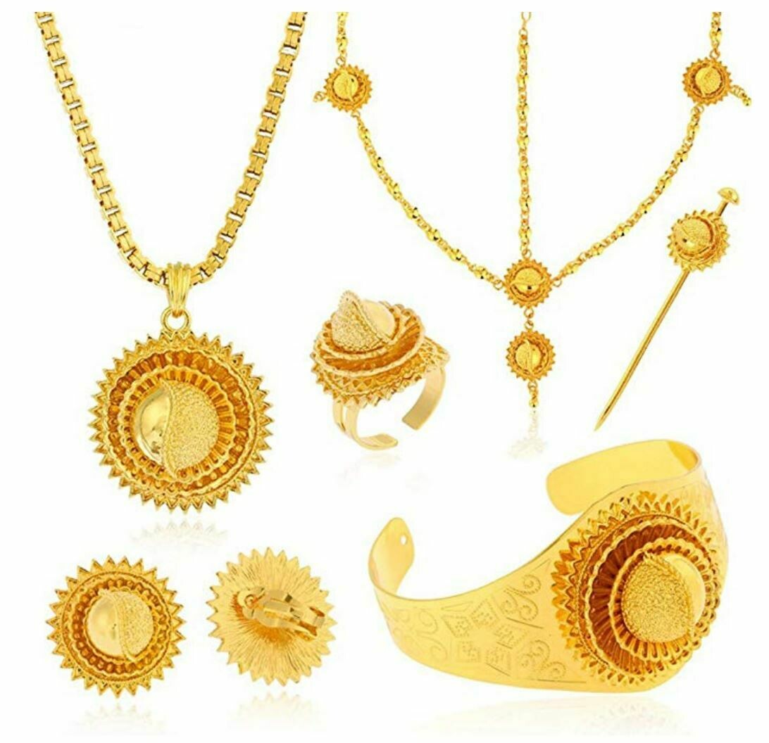 የጆሮ፣ አንገት እና ቀለበት ወርቅ ቅብ የሰርግ ጌጣጌጥ Ethiopian necklace, earrings and ring set wedding set