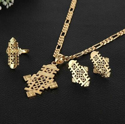 የጆሮ፣ አንገት እና ቀለበት ወርቅ ቅብ መስቀል Ethiopian necklace, earrings and ring set cross