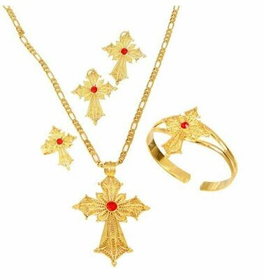የጆሮ፣ አንገት እና ቀለበት ወርቅ ቅብ መስቀል Ethiopian necklace, earrings and ring set cross