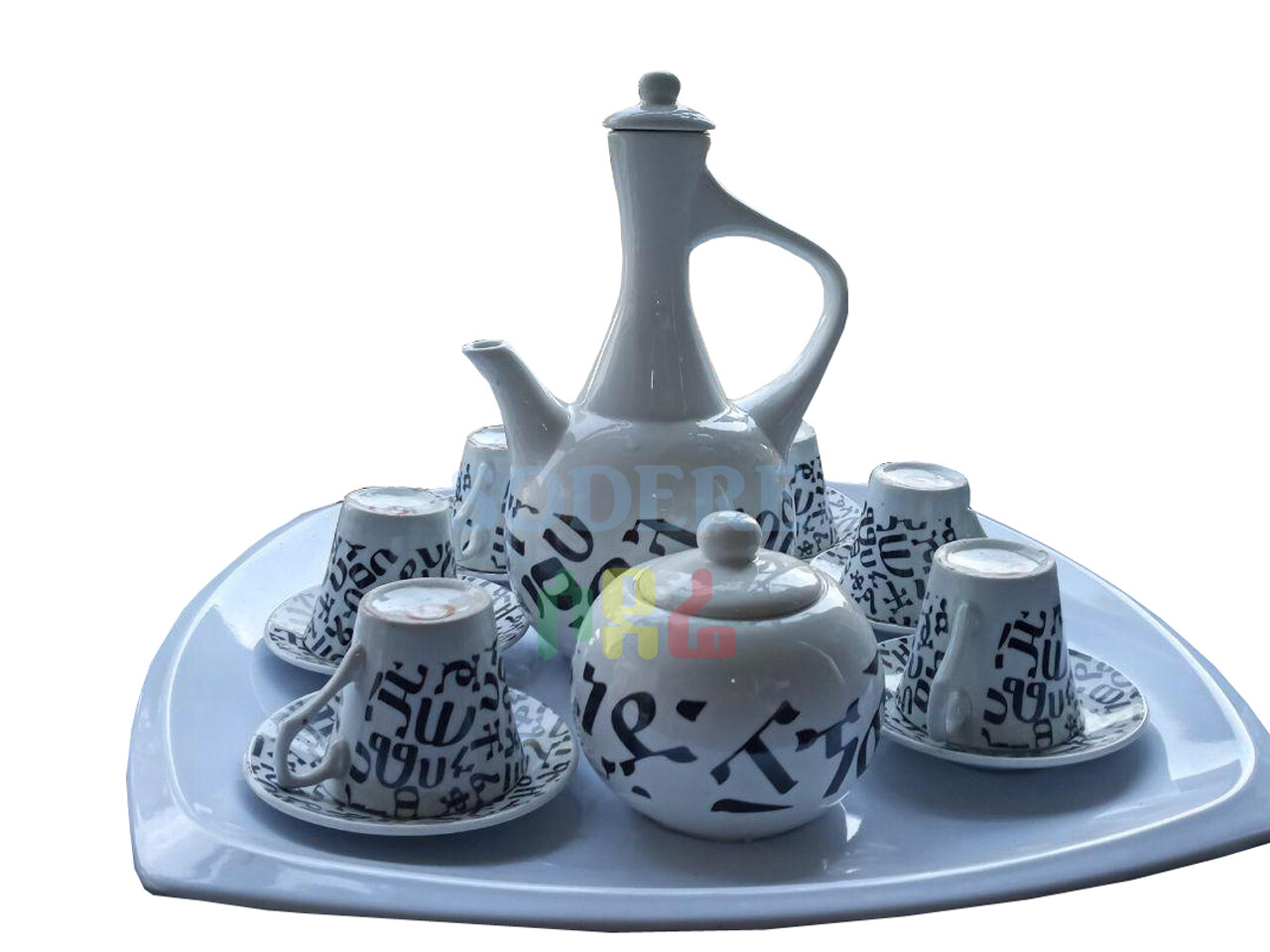 Ethiopian Traditional Coffee Set with Amharic Letters - 6 Cups and 6 Saucers , 1 Coffee Pot and 1 Sugar Bowl 16 PCS
