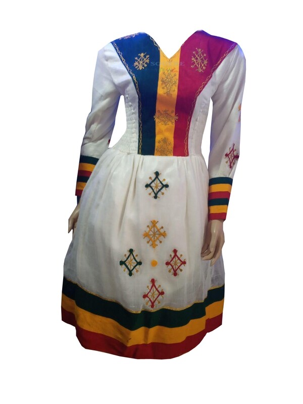 የኢትዮጵያ ባንዲራ ያለበት አጠር  ያለ የሀበሻ ቀሚስ  Ethiopian Traditional Short Dress
